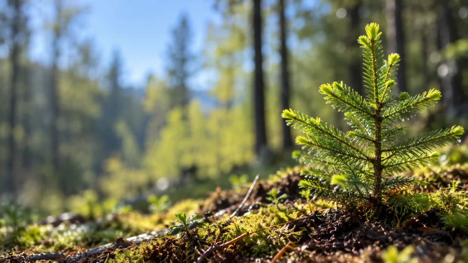 Ein junger Nadelbaum wächst im Frühlingslicht aus dem moosigen Waldboden.