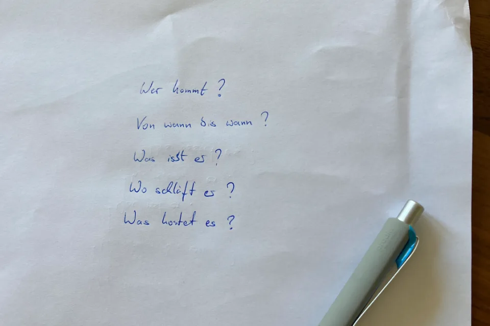 Ein Blatt Papier mit fünf handgeschriebenen Fragen: Wer kommt? Von wann bis wann? Was isst er? Wo schläft er? Was kostet es?